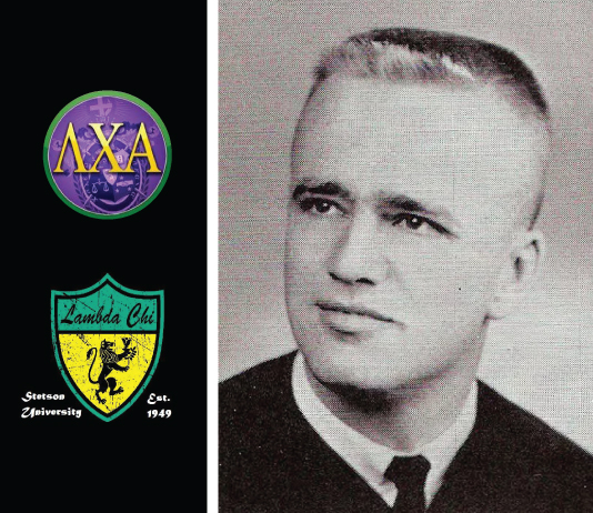 Max Cleland appears in his 1964 Stetson yearbook photo with two logos of the Lambda Chi Alpha fraternity