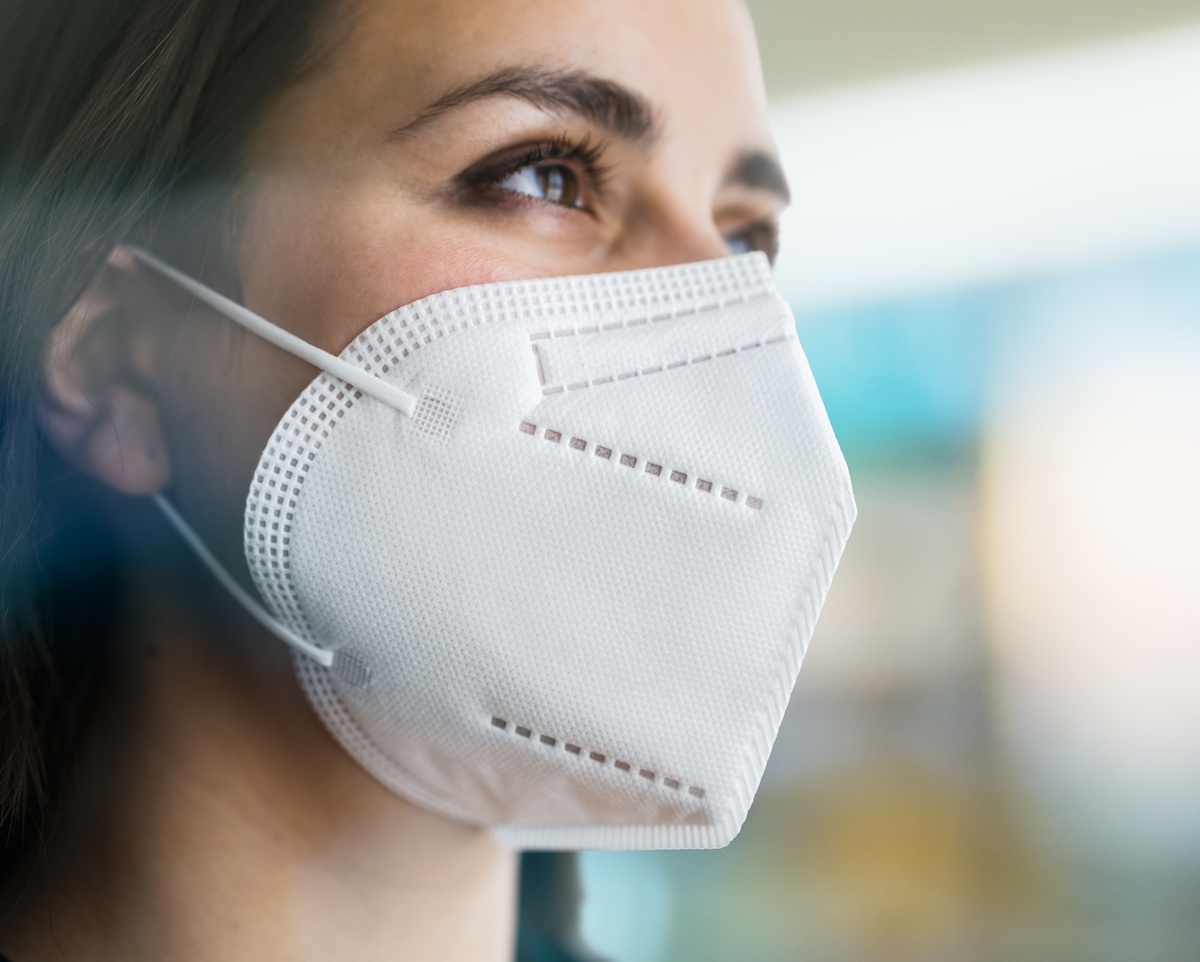 Close Up Of Woman Wearing N95 Medical Face Mask.