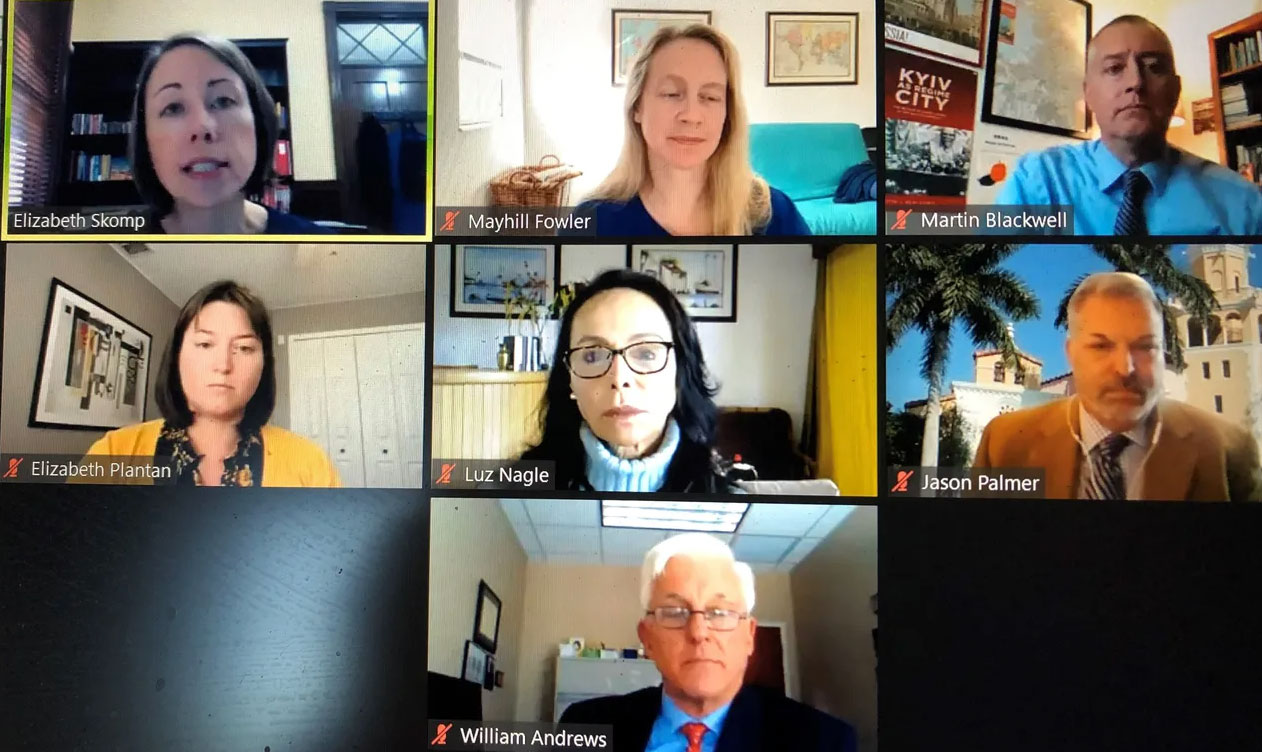 screenshot of a webinar in progress with faculty speaking about Ukraine