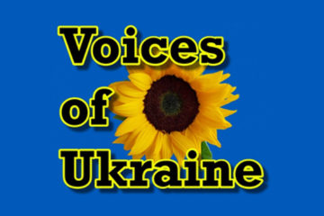 Graphic that says, Voices of Ukraine, with a sunflower.