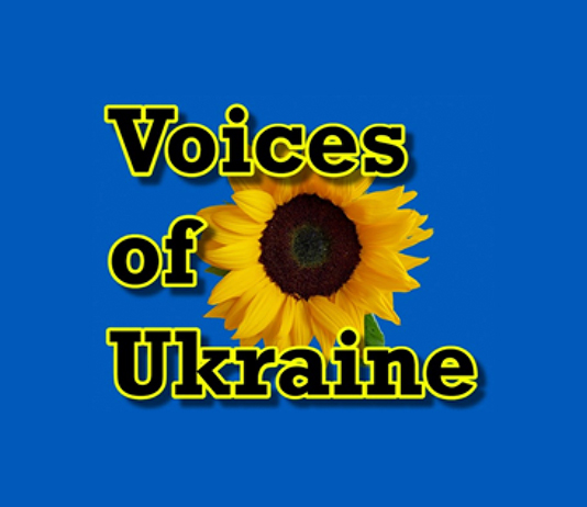 Graphic that says, Voices of Ukraine, with a sunflower.