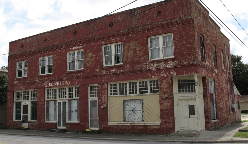 Exterior of historic brick, two-story building