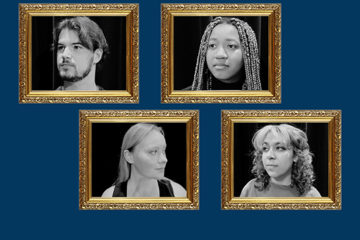 Graphic with four framed photos of theater actors in blue background
