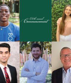 Montage of five headshots of student speakers for 2022 Commencement