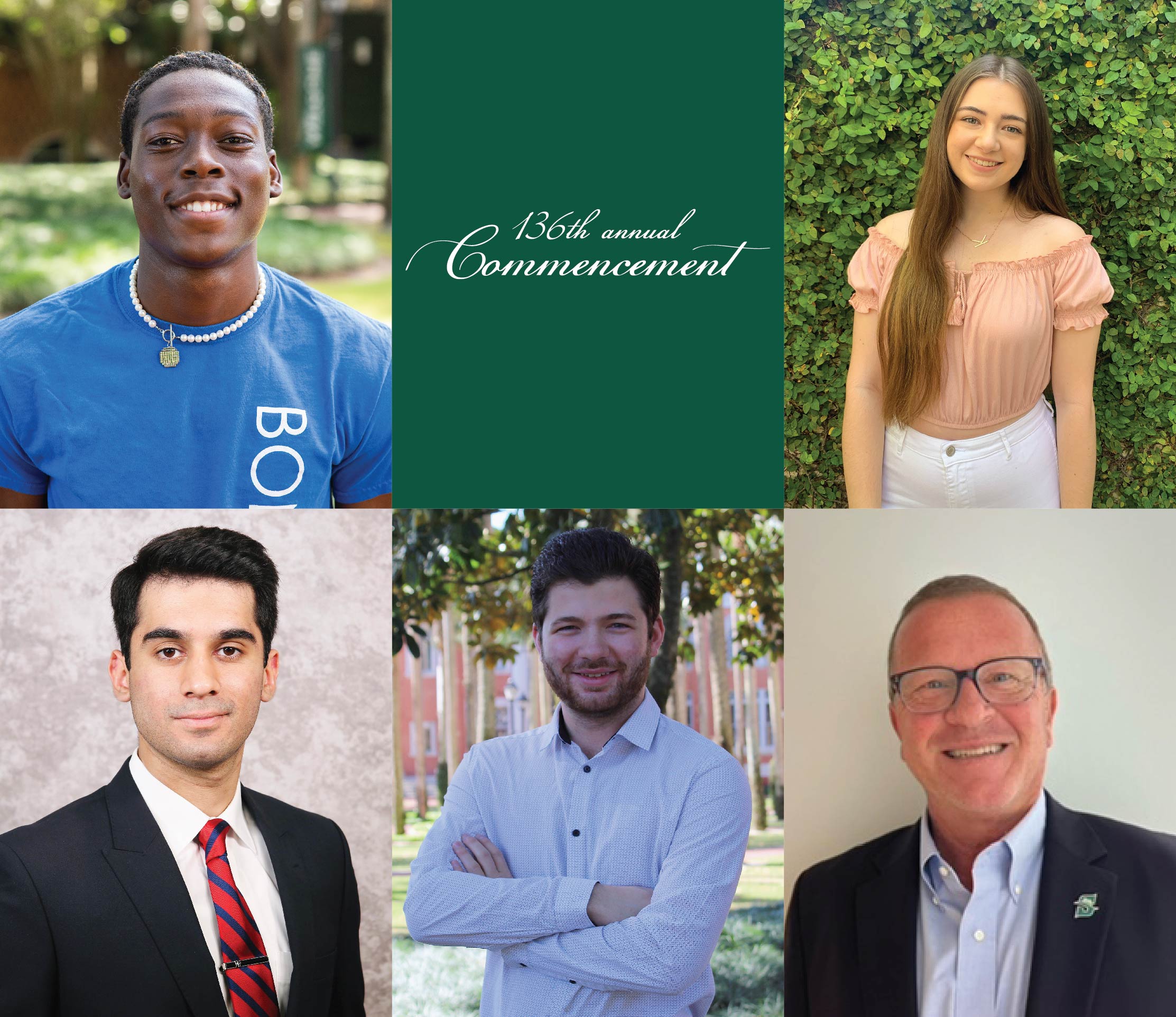 Montage of five headshots of student speakers for 2022 Commencement