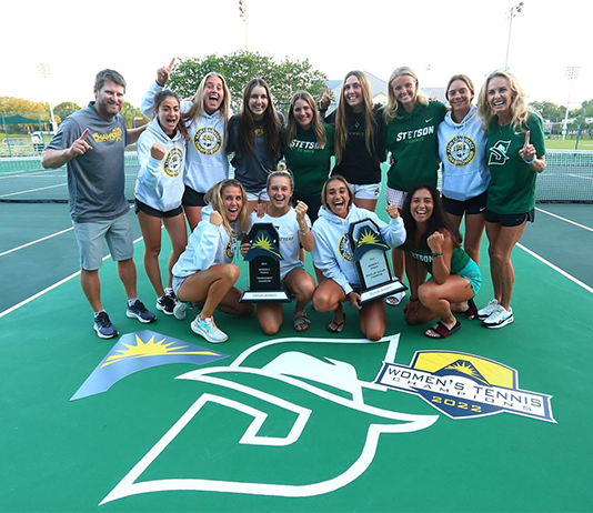 Team photo of Women's Tennis Team after winning ASUN championship 2022