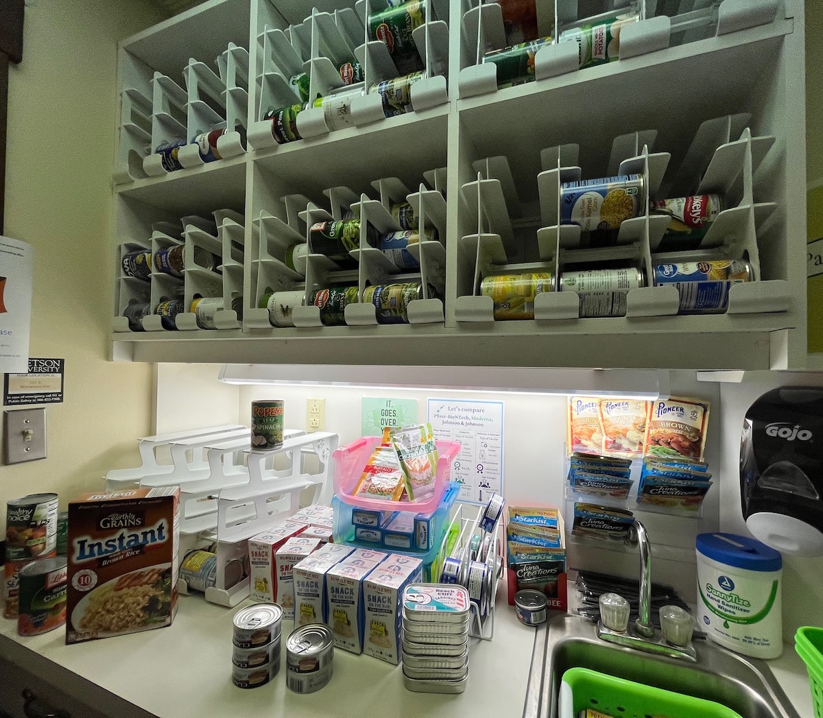 Canned vegetables, meats and other food items are available in the Hatter Food Pantry for students facing food insecurity.