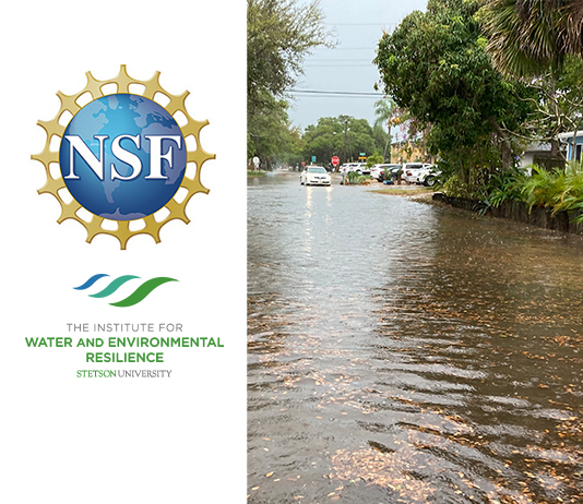 Photo of flooding paired with logos from NSF and Stetson Water Institute