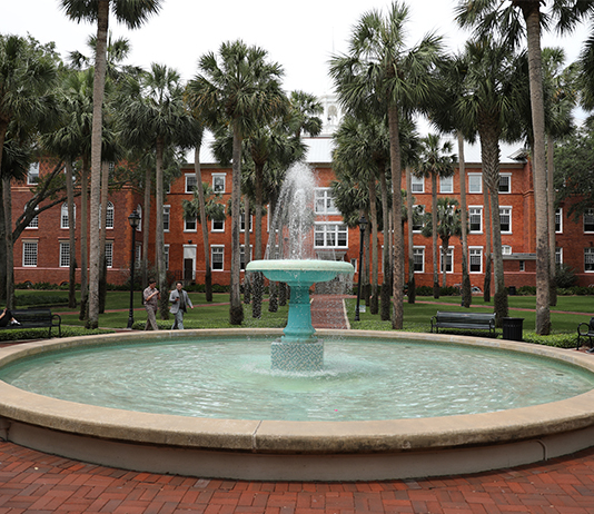The Holler Fountain in Palm Court with Elizabeth Hall in the background.