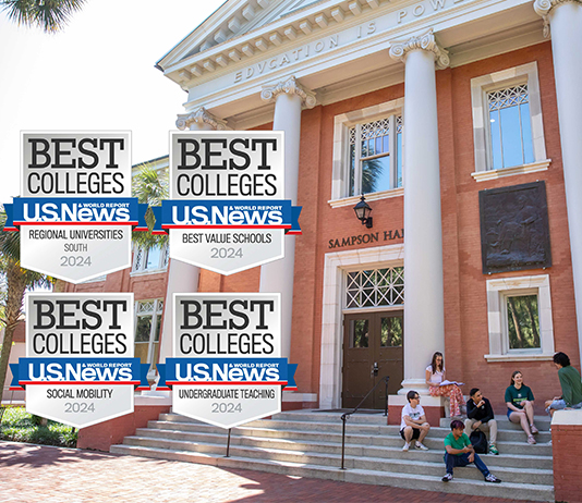 Students sit on the steps of Sampson Hall in this photo, which has the four U.S. News & World Report Best Colleges 2024 rankings.