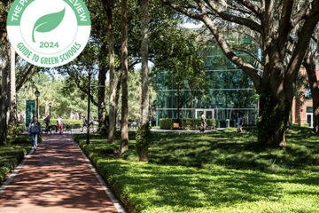 Scenic shot of the Stetson campus with "Green Colleges 2024" graphic