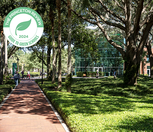 Scenic shot of the Stetson campus with "Green Colleges 2024" graphic