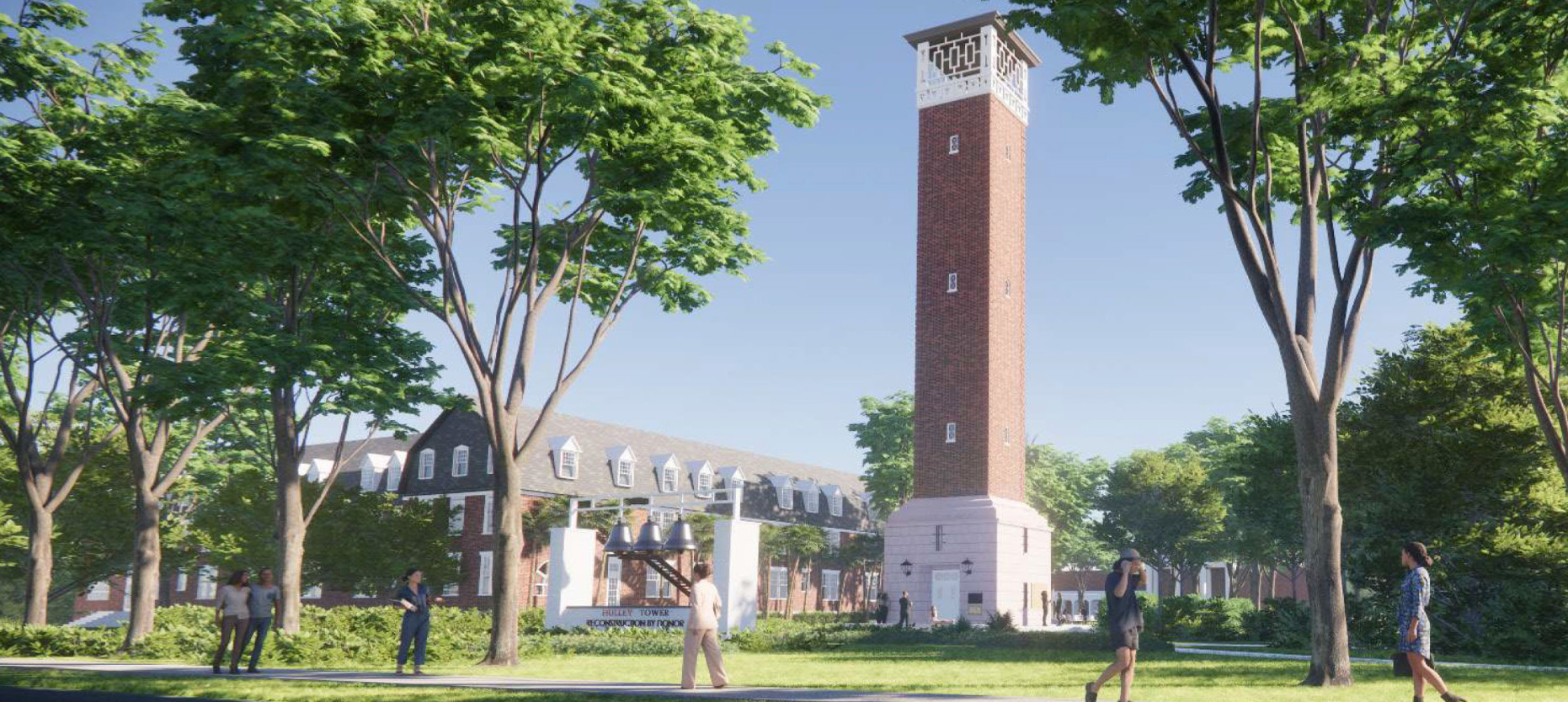 A rendering of a tall brick tower.
