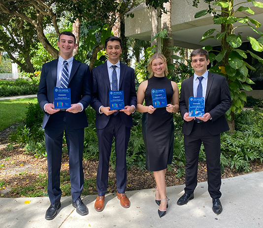 Stetson’s Florida CFA Research champions (from left): Max Miller, Sugeeth Sathish, Isabella Thomsen and Braden Hill.