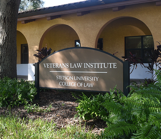 Photo of building and sign outside Stetson Law's Veterans Law Institute
