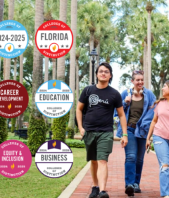 College of Distinction badges are added to a pretty campus scene of students walking across campus.