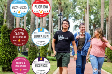 College of Distinction badges are added to a pretty campus scene of students walking across campus.