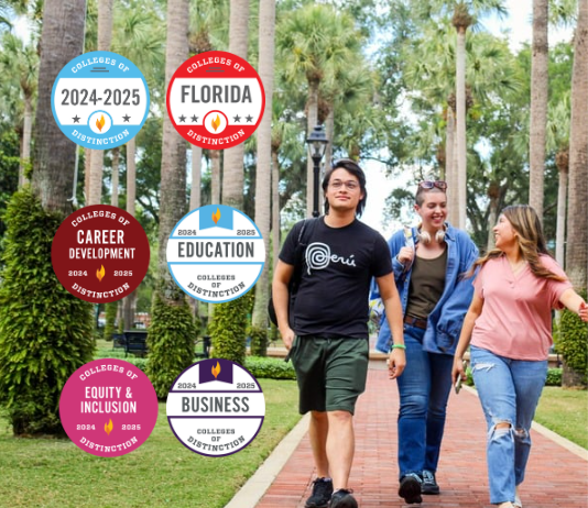 College of Distinction badges are added to a pretty campus scene of students walking across campus.