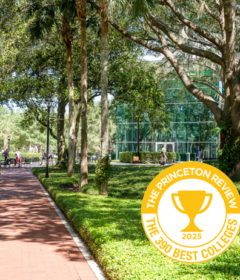 An accolade badge is on a pretty campus photo