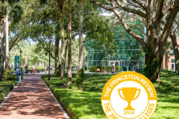 An accolade badge is on a pretty campus photo