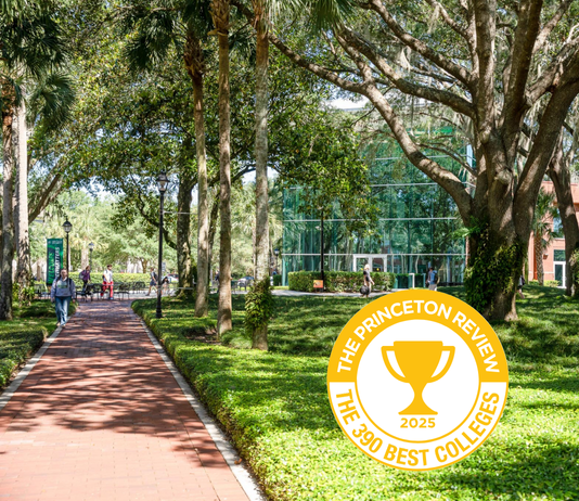 An accolade badge is on a pretty campus photo