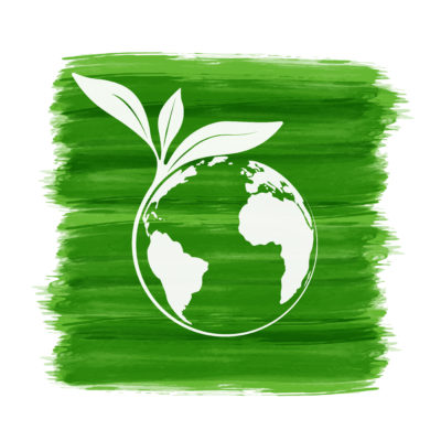 Graphic os a green planet with a plant growing out of it