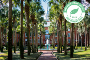 Scenic photo of Palm Court with a graphic badge that says, Green College 2025 by The Princeton Review