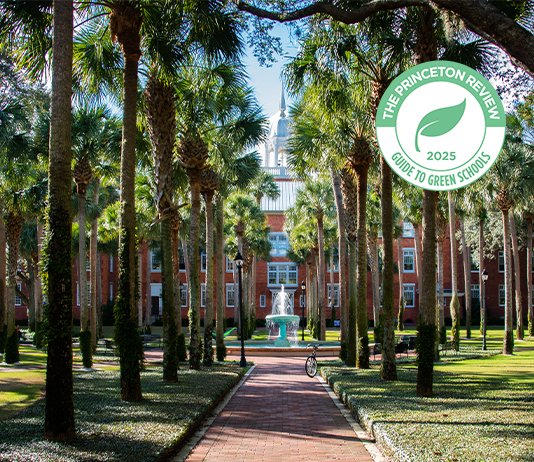 Scenic photo of Palm Court with a graphic badge that says, Green College 2025 by The Princeton Review
