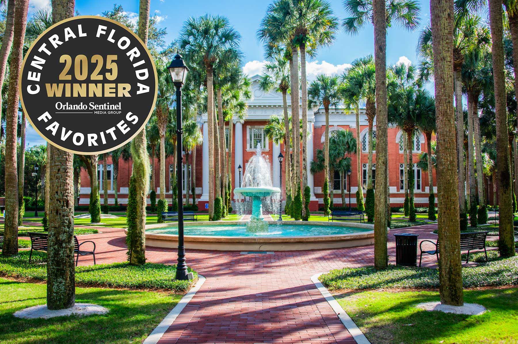 A scenic courtyard with a fountain and a badge that says Central Florida Favorite College 2025