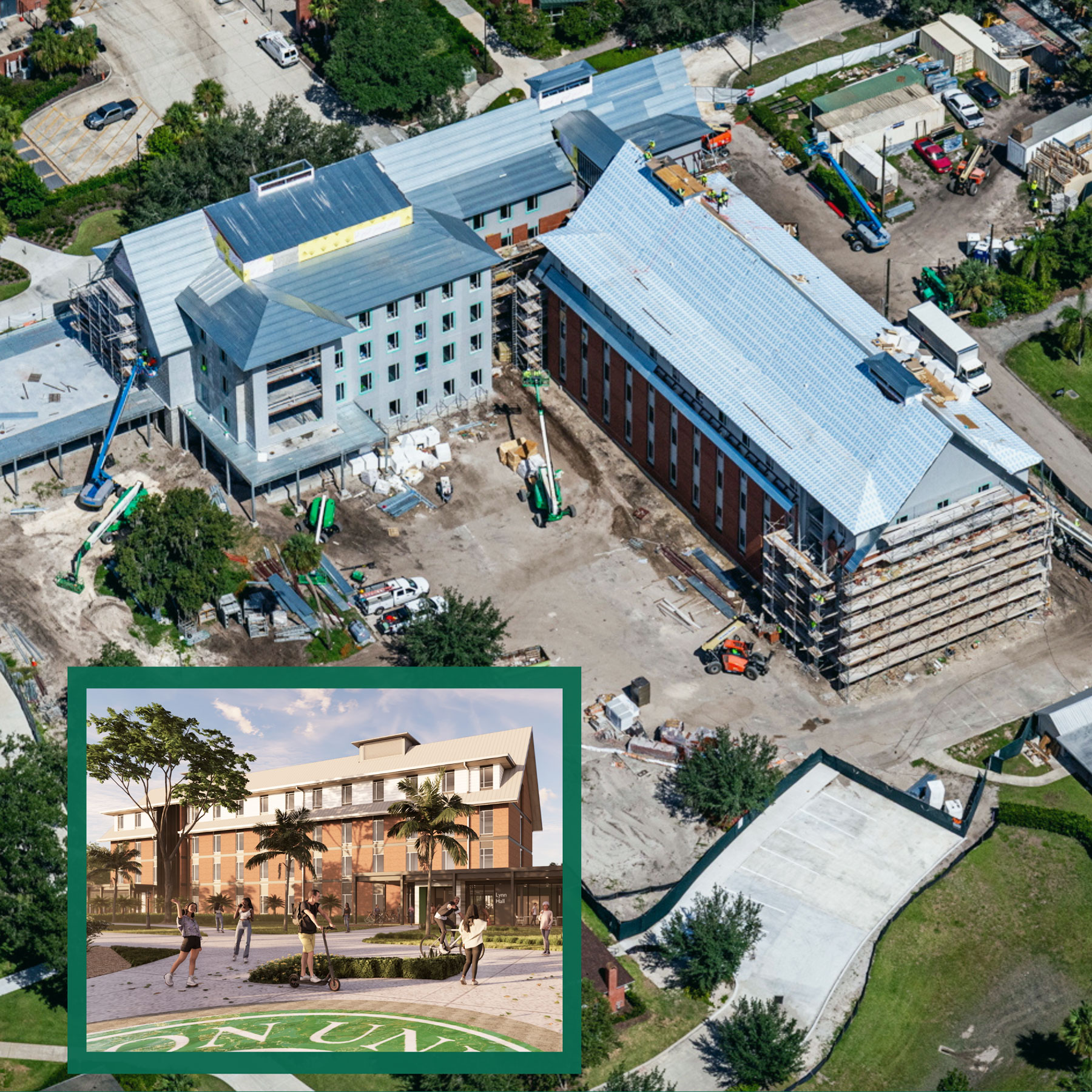 An aerial photo of the residence hall construction with a rendering inset.