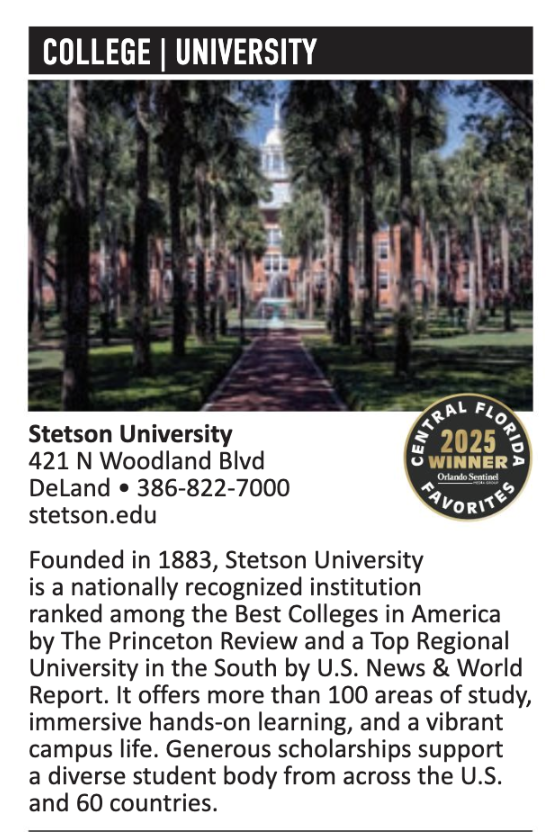 Listing in the Central Florida Favorite's magazine for Stetson with a photo and text