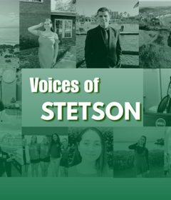 Graphic with photos and says, Voices of Stetson