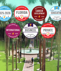 Scenic photo on campus with accolade badges from Colleges of Distinction