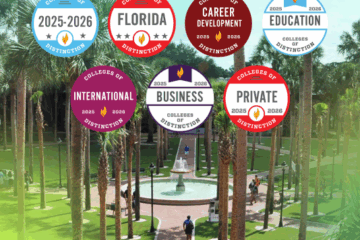 Scenic photo on campus with accolade badges from Colleges of Distinction