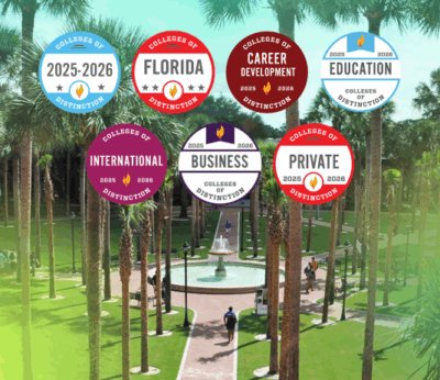 Scenic photo on campus with accolade badges from Colleges of Distinction