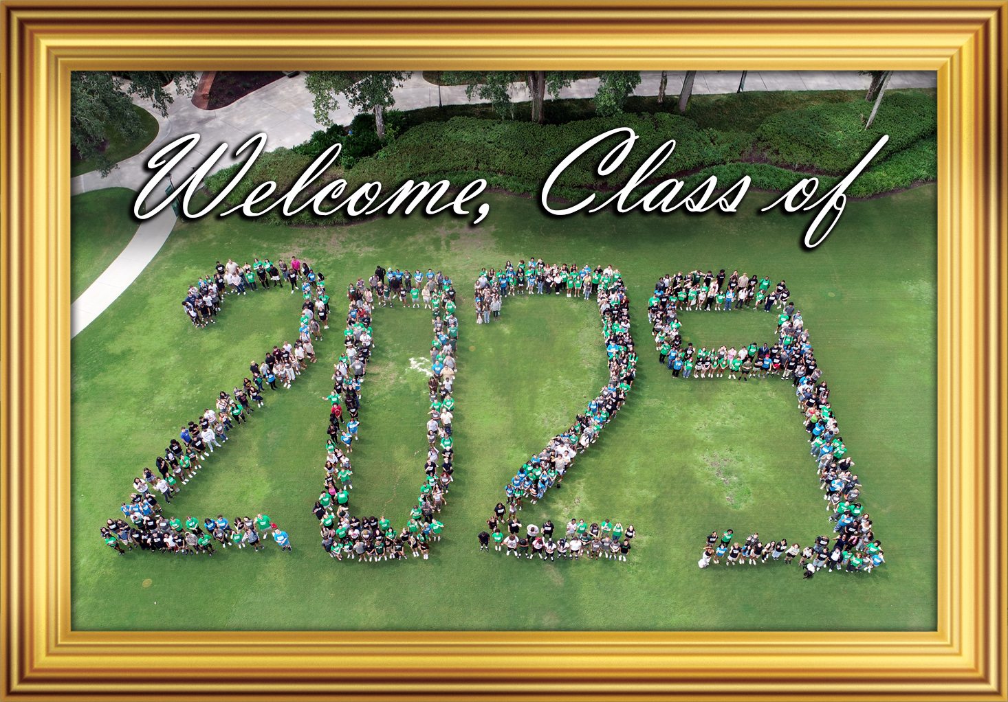 Aerial photo of students forming, 2029