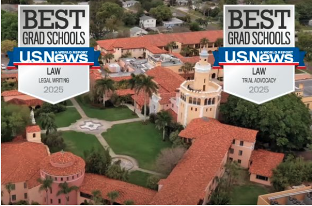 Two best college accolade badges appear on photo of Stetson College of Law