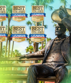 A statue and campus scene has accolade badges for Best Colleges
