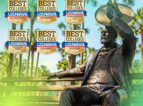 A statue and campus scene has accolade badges for Best Colleges