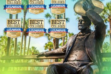 A statue and campus scene has accolade badges for Best Colleges