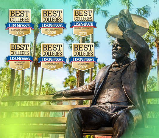 A statue and campus scene has accolade badges for Best Colleges