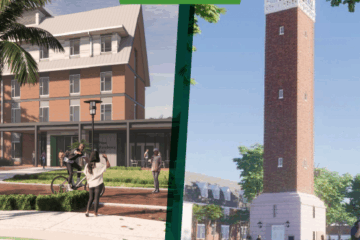 Graphic shows two renderings of a new residence hall and new tower