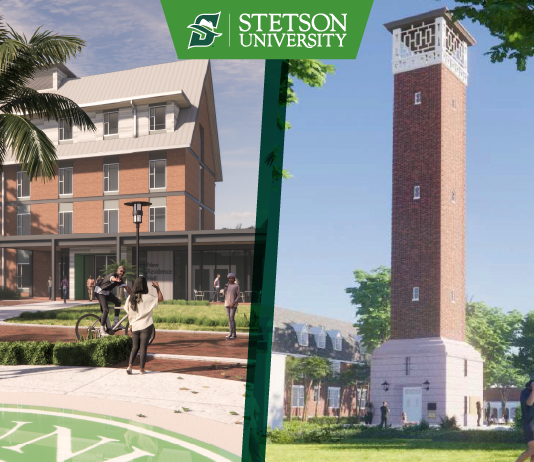 Graphic shows two renderings of a new residence hall and new tower