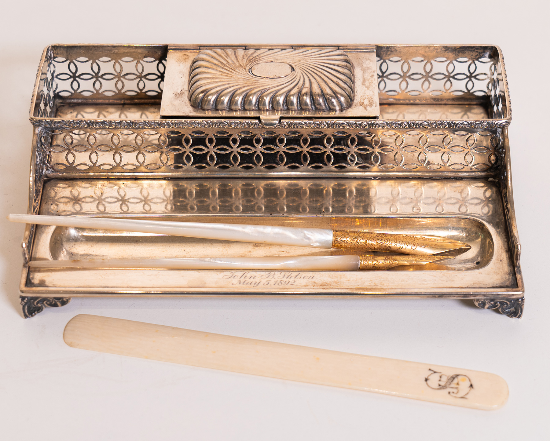 An antique silver desk set