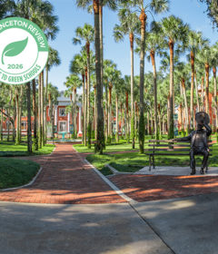 A pretty campus scene has a badge for Green College 2026