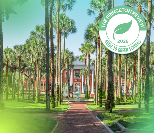 A pretty campus scene has a badge for Green College 2026