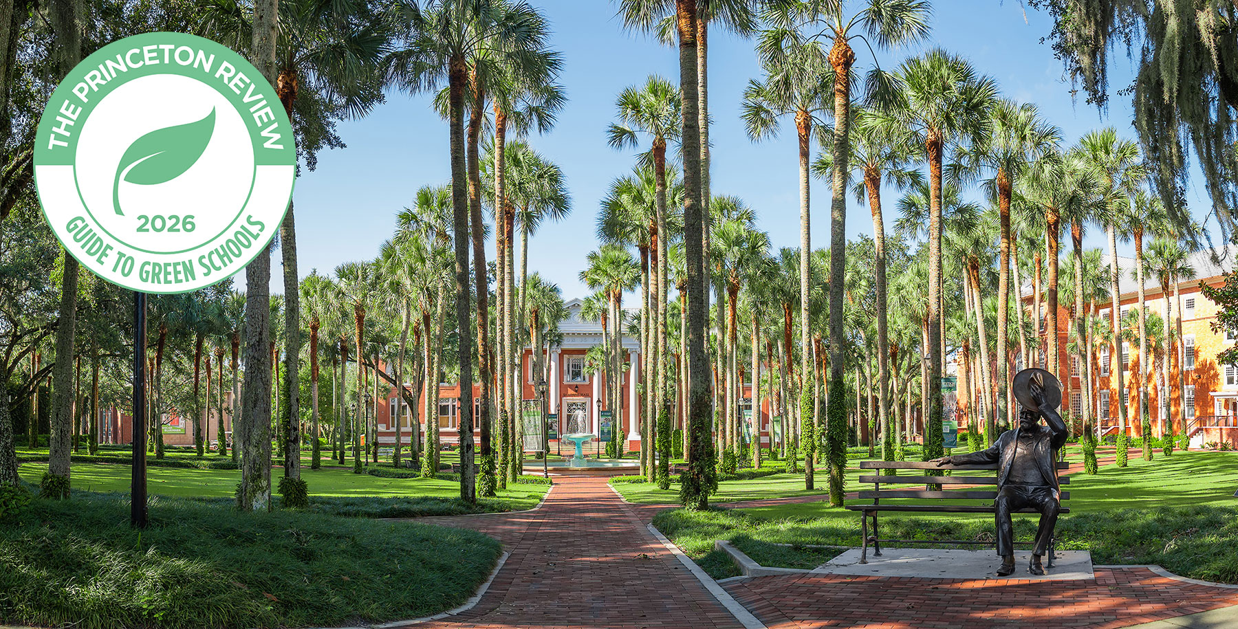 A pretty campus scene has a badge for Green College 2026