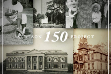 Graphic with historical photos and text, Stetson 150 project