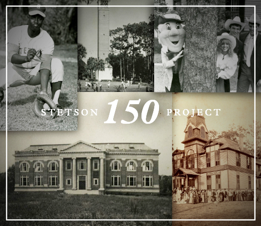 Graphic with historical photos and text, Stetson 150 project