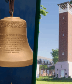 A photo of a large bell appears beside a rendering of a brick tower.